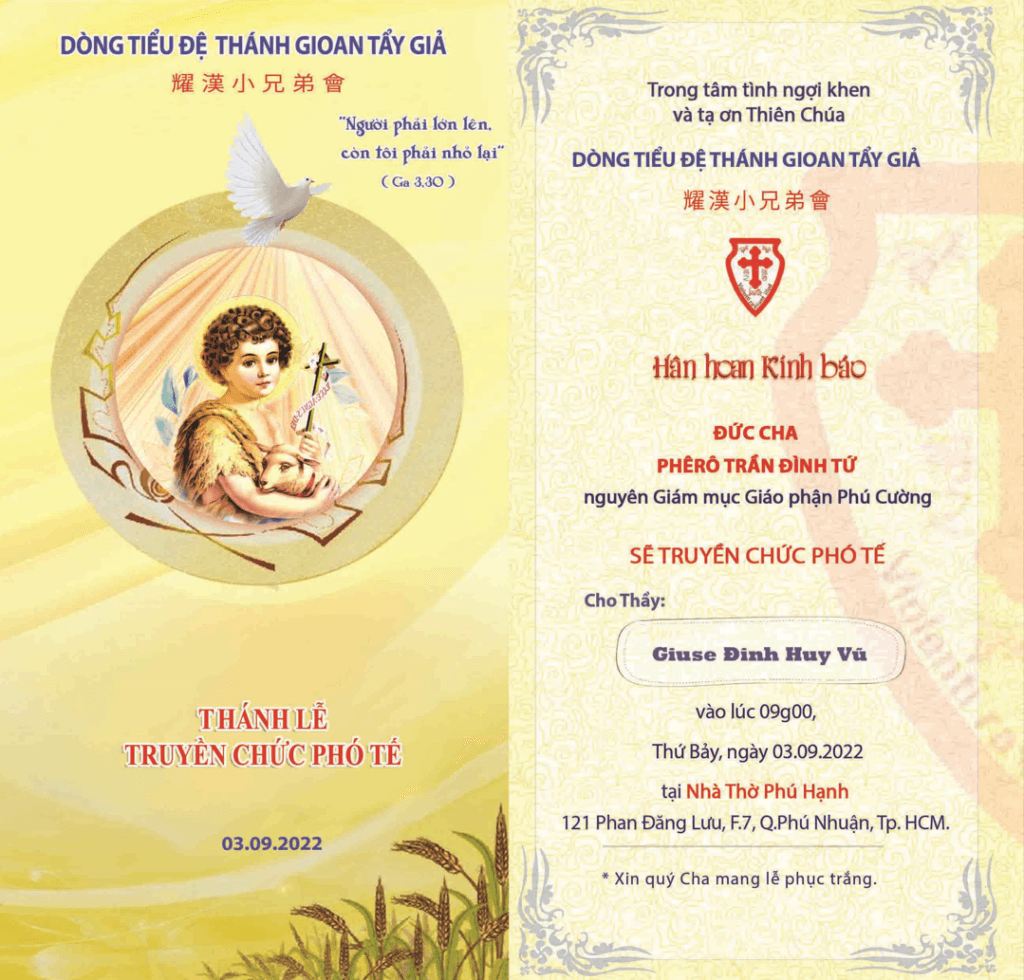 Thông báo: Thánh Lễ Truyền Chức Phó Tế cho Thầy Giuse Đinh Huy Vũ, và Trao Thừa Tác Vụ Đọc Sách, Giúp Lễ cho quý Thầy. 03/09/2022