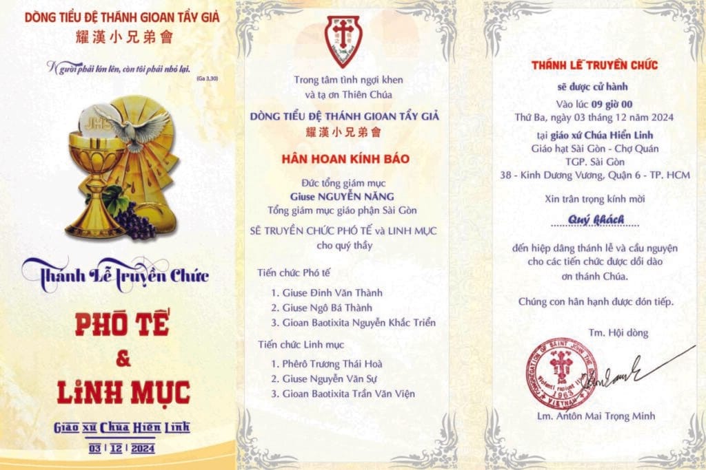 Thông báo: Thánh Lễ Truyền Chức Phó Tế và Linh Mục, CSJB. 03/12/2024.