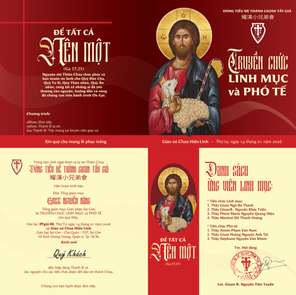 Thông báo: Thánh Lễ Truyền Chức Phó Tế và Linh Mục, CSJB. 14/01/2026.